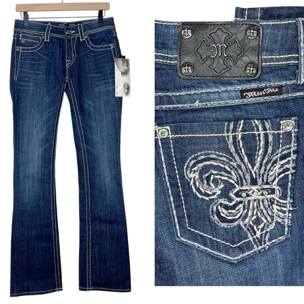 Miss Me Fleur De Lis Boot Dark Wash Jeans Mid Rise size 27 NWT Style JP5181B4
